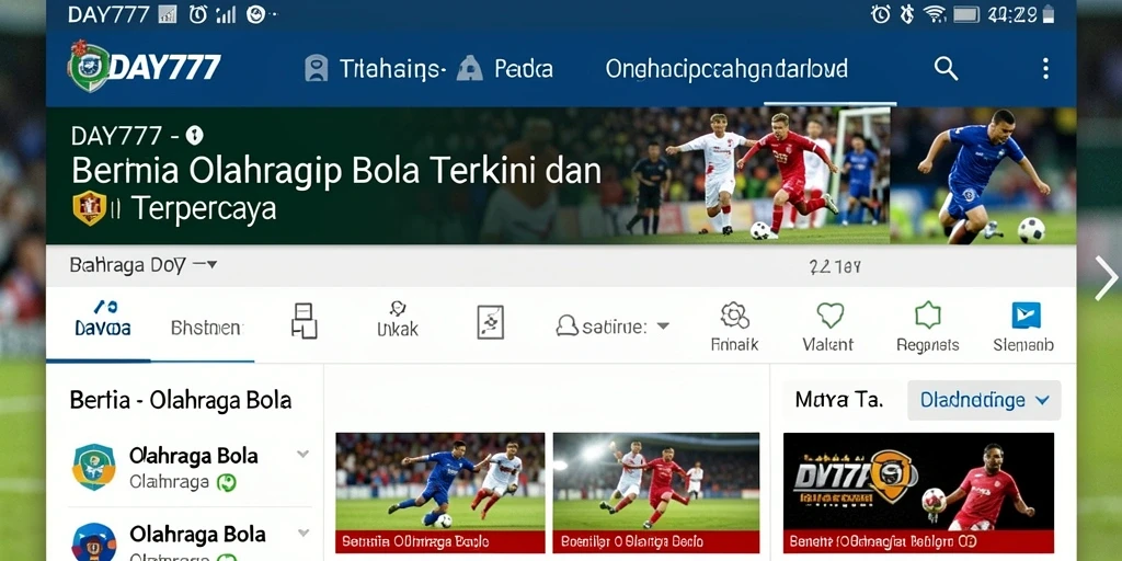 Antarmuka aplikasi DAY777 dengan berita olahraga bola terbaru.